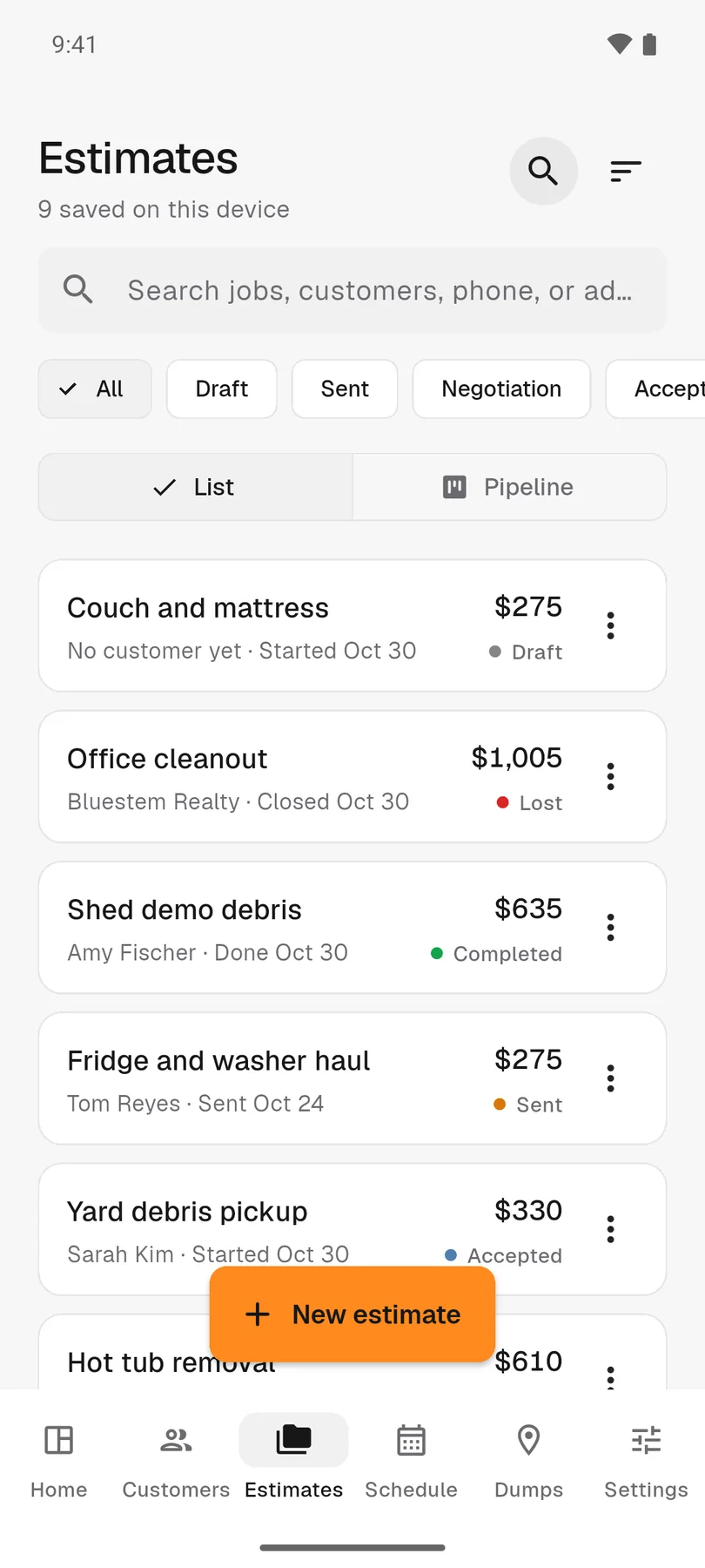 The estimates list with statuses in HaulPricer