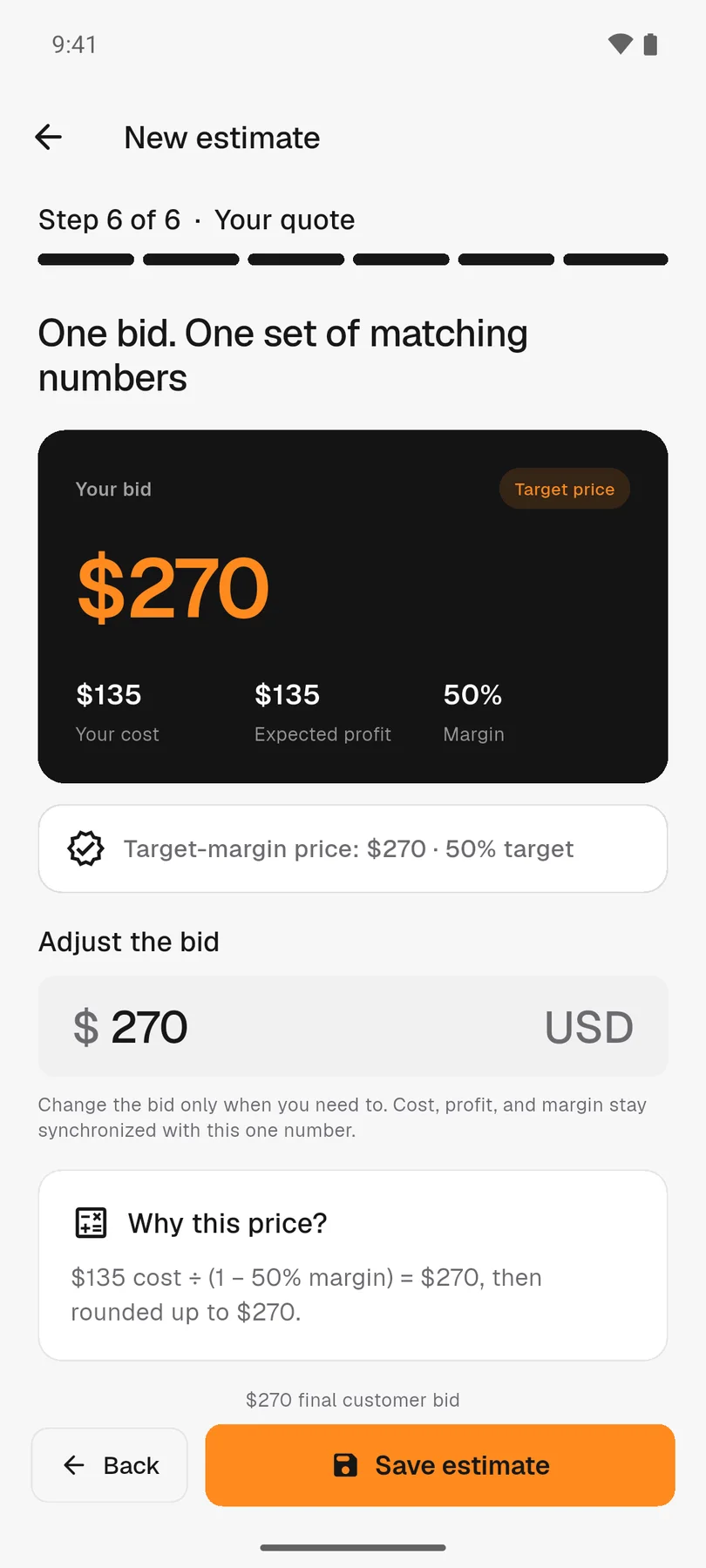 A $270 bid with cost, profit and margin in HaulPricer